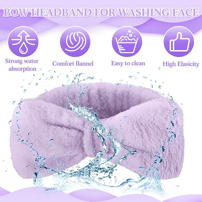 50 Pcs Spa Headband Bulk Spa Sleepover Party Supplies for Washing Face with Removable Bow Makeup Elastic Bowknot Headband for Women Gifts Skincare Microfiber Hairband (Purple Style)