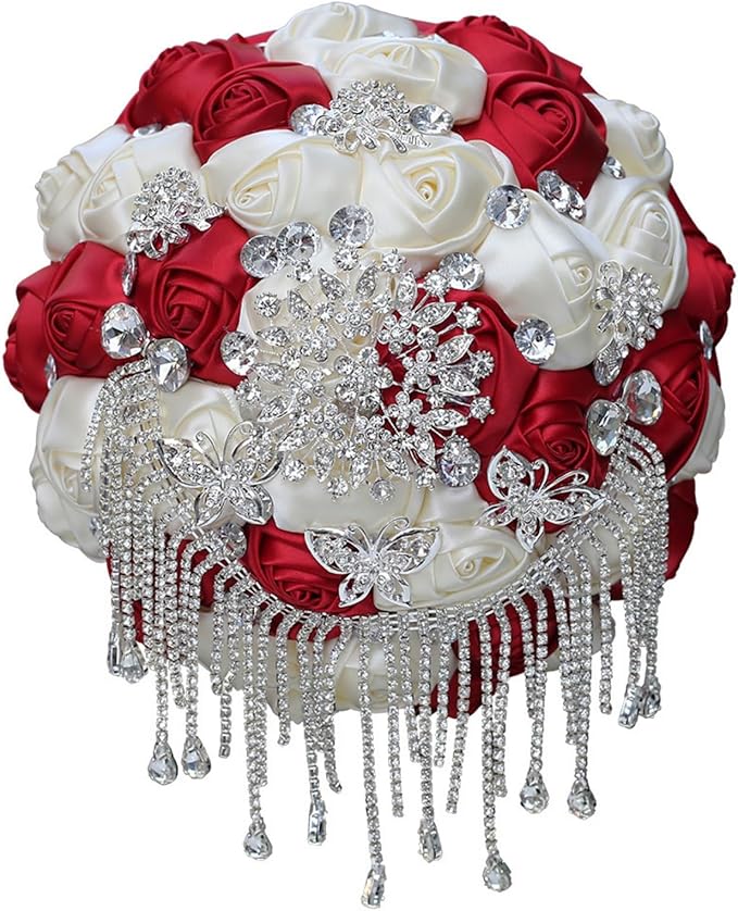Bridal Wedding Bouquet Luxury Silver Rhinestones Brooch Bouquet for Bride Bridesmaid Quinceanera Artificial Satin Rose Flower Bouquet Wedding Burgundy and Ivory 9.5in