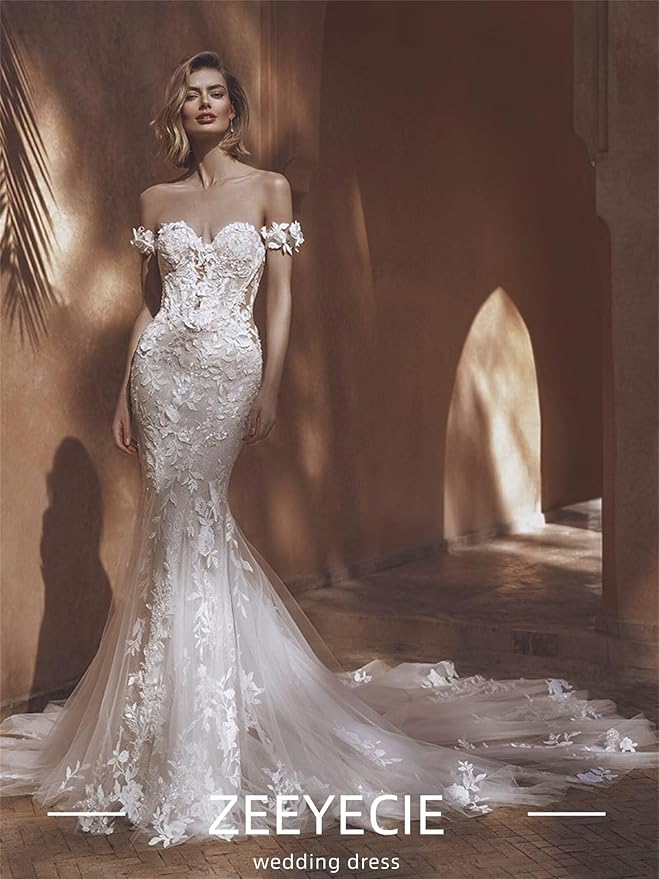 Zeeyecie Mermaid Tulle Wedding Dresses Lace Applique Corset V-Neck Sparkly Bridal Gowns with Train for Brides