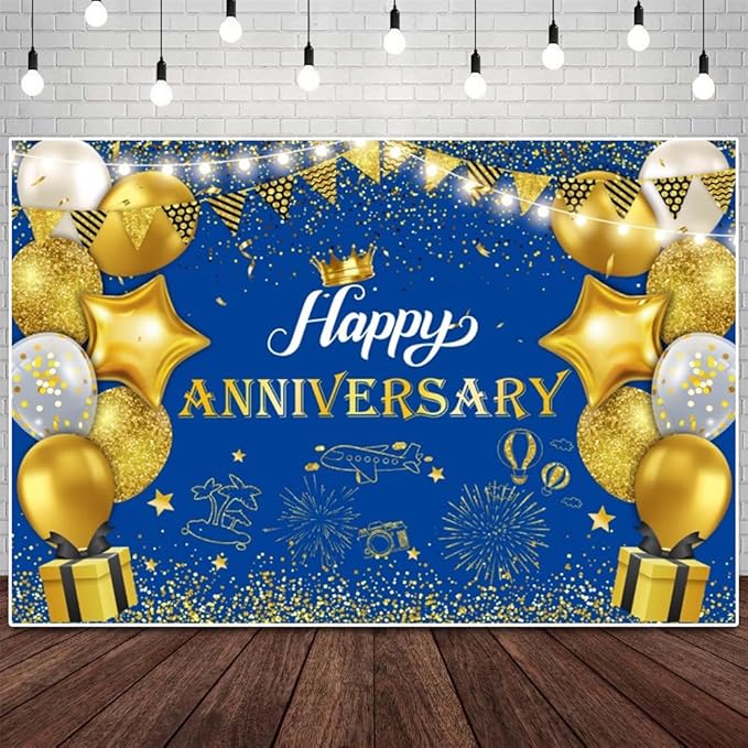 ChloropLastid Happy Anniversary Backdrop Blue Gold Anniversary Decorations for Party Banner 50th 60th Anniversary Birthday Wedding Supplies Photo Booth Props Background 20X10FT