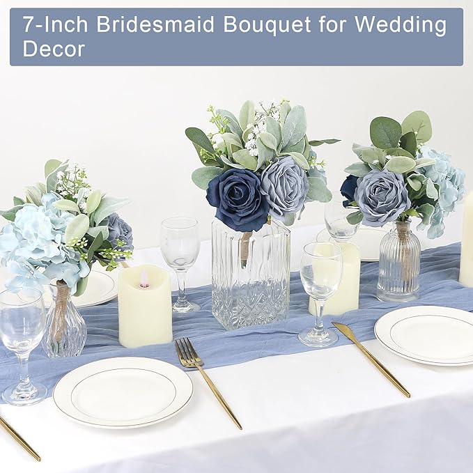 Bridesmaid Bouquets for Wedding 7 inch- Set of 6 Artificial Flowers Bouquet Navy & Blue Rustic Wedding Small Floral Centerpieces for Marriage Proposal Party Anniversary Dining Table Decor
