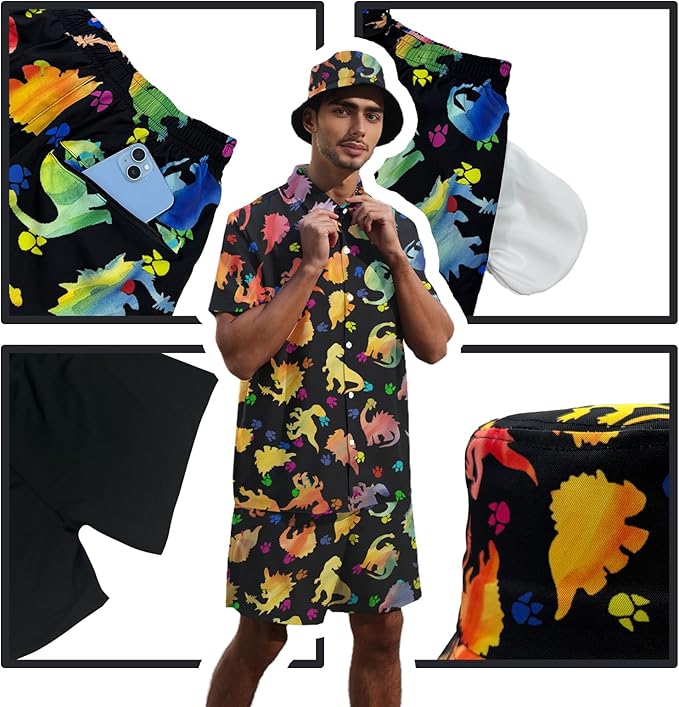 Men's Hawaiian Shirt and Shorts Set 2 Piece Beach Outfits with Bucket Hats for Beach Days and Summer Vibes