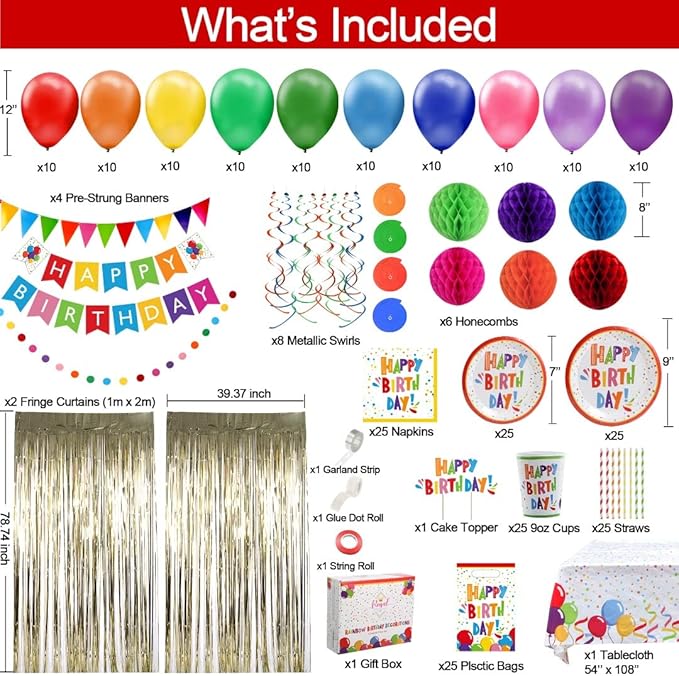 275 PC Colorful Birthday Party Decorations for Boy, Girl- Rainbow Party Supplies, Happy Birthday Banner, Balloons Garland Arch Kit Tablecloth Honeycomb Cake Topper Plates Cups Napkins Straws, 25 Guest