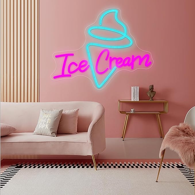 Ice Cream Neon Sign - Dimmable USB Ice Cream Letter Neon Light Up Signs for Business Store Cafe Drink Shop Office Bedroom Restaurant Decor Adjust Brightness
