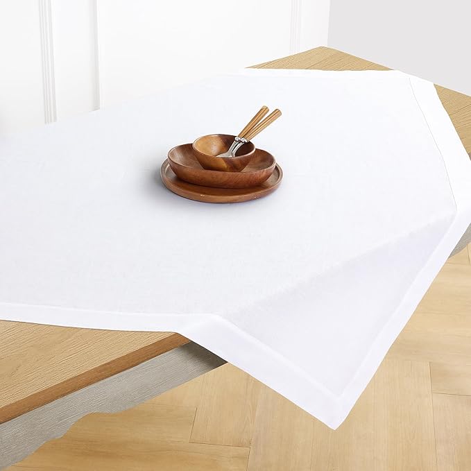 Solino Home Linen White Square Tablecloth 52 x 52 Inch - 100% Pure Linen Table Throw - Fete, Machine Washable Table Cloth for Winter, Valentines, Spring, Easter