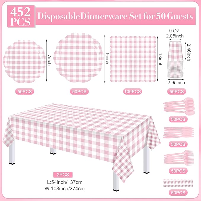 452 Pcs Pink Gingham Party Supplies for 50 Guests, White and Pink Checkered Paper Plates Napkins Cups Tablecloth Cutlery Straws for Picnic Birthday Baby Shower Wedding Party Decoration
