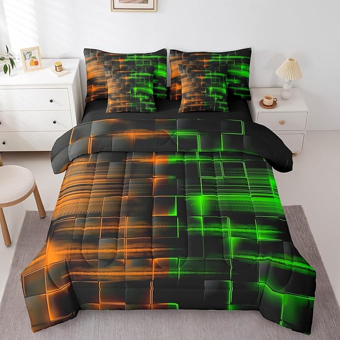 Feelyou Green and Orange Comforter Set with Sheets 7 Piece King Size Kids Geometric Bed in a Bag Strip Lines Bedding Set Abstract Art Bed Set with Comforter, Sheets,Cushion Covers