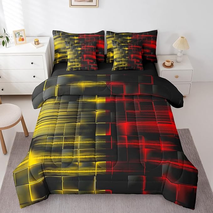 Feelyou Red and Yellow Comforter Set with Sheets 7 Piece Queen Size Kids Geometric Bed in a Bag Strip Lines Bedding Set Abstract Art Bed Set with Comforter, Sheets,Pillowcases,Cushion Covers