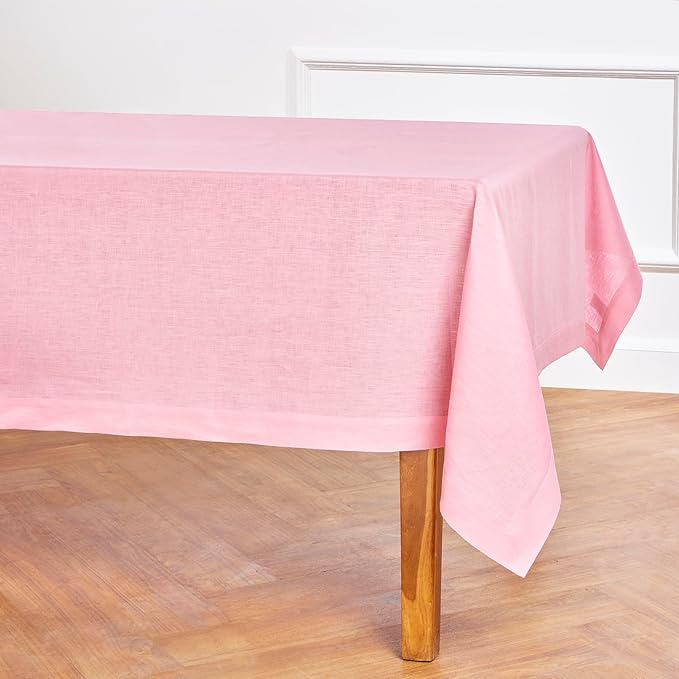 Solino Home Linen Tablecloth 60 x 90 Inch - 100% Pure Linen Pink Lemonade Table Cloth for Rectangle Tables - Fete, Machine Washable Tablecloth for Valentines, Spring, Easter