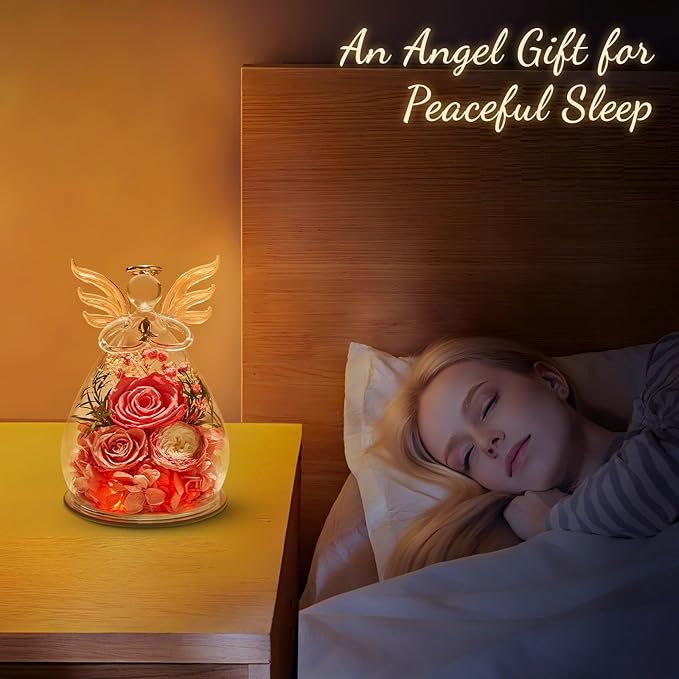 Birthday Gifts for Women Mom Preserved Roses in Glass Angel Figurines Flowers for Delivery Forever Flowers Eternal Rose Valentines Day for Grandma Sister Wife Her from Daughter