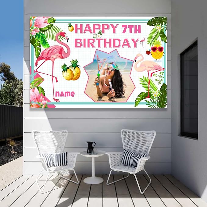 Custom Flamingo Hawaiian Tropical Happy Birthday Party Decorations Supplies Personalized Flamingo Hawaiian Tropical Birthday Luau Party Backdrop Banner(5x7.5ft)