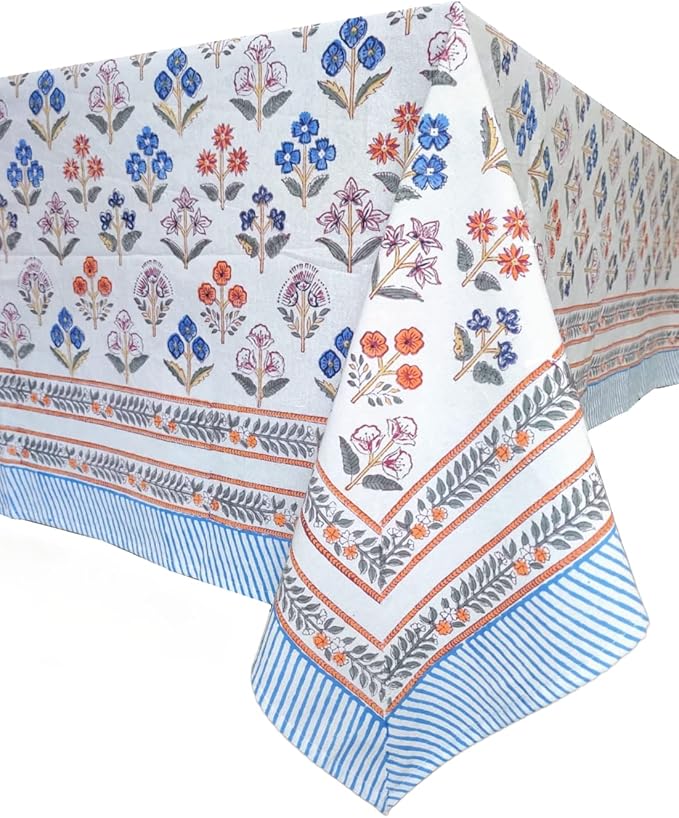 ATOSII Flora Bloom 100% Cotton Rectangle Summer Tablecloth, Block Print Floral Table Cloth for Dining Parties Wedding Outdoors I Grand Millennial Home Decor 60 X 90 Inches I 6 Seater I Memorial Day