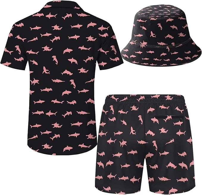 Men's Hawaiian Shirt and Shorts Set 2 Piece Beach Outfits with Bucket Hats for Beach Days and Summer Vibes