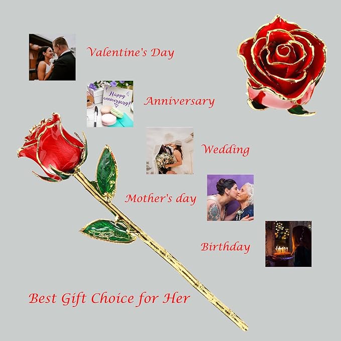 Valentines Day Gift Rose, Gold Dipped Real Rose is Attractive Luster and Natural Shape, Best Gifts for Anniversary Wedding Valentines Day (Red Original Rose with Stand)