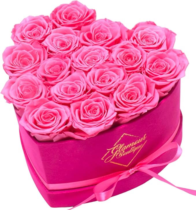 GLAMOUR BOUTIQUE 16 Flower Forever Heart Shape Box, Eternal Preserved Roses Gift for Her, Lasting Flowers, Romantic Floral Keepsake for Birthday Anniversary Valentine’s Day Velvet Pink (Color-Treated)