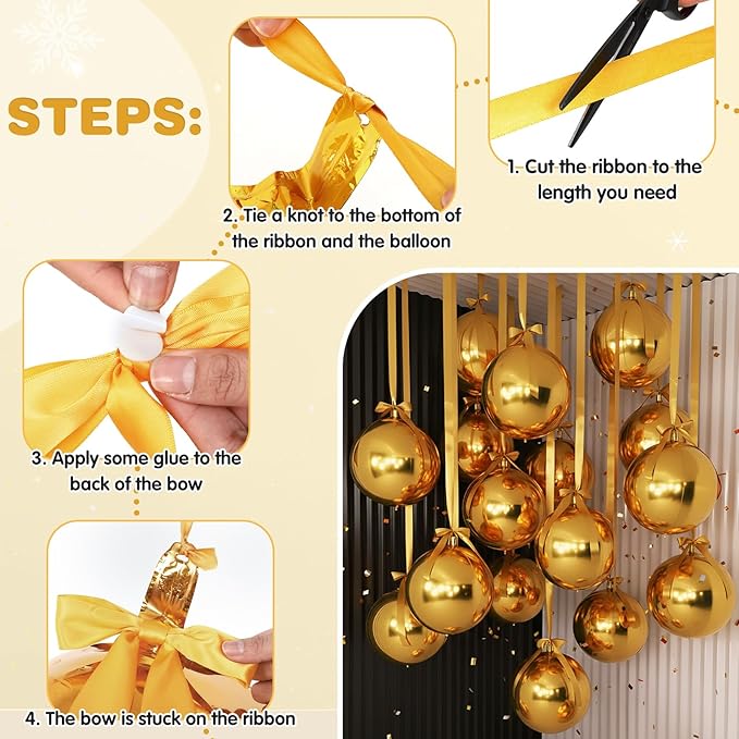 Jenaai 30 Set Round Foil Balloons Bulk 22 Inch 4d Metallic Giant Balloons Set with Satin Bows Ribbon for Ceiling Holiday Ornaments New Year Birthday Wedding Party Decoration(Gold)