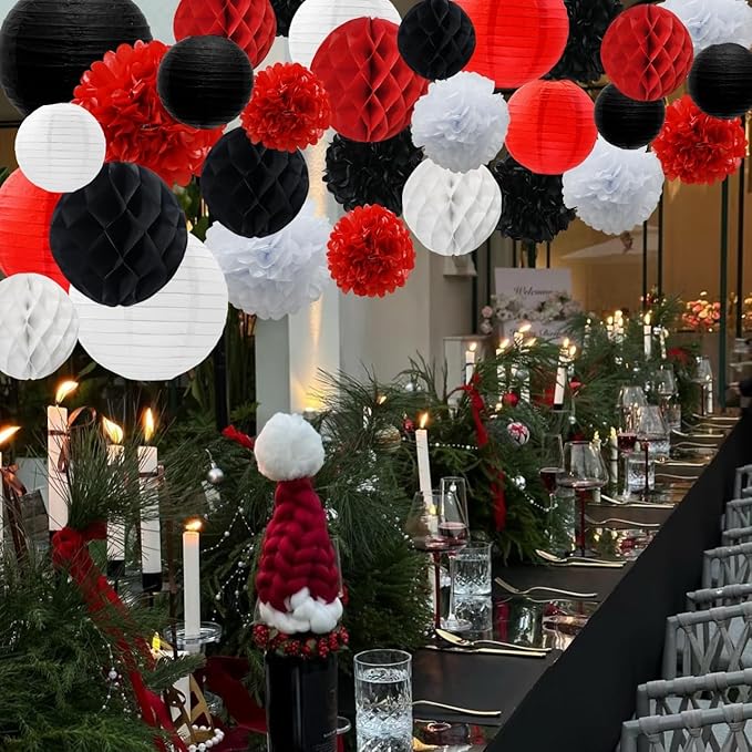 WOLHOWLTD Red Black White Paper Decoration Set - 33 Pcs Paper Lanterns, Pompoms, Honeycomb for Wedding, Valentine's,Bridal Shower,Birthday Party Decoration(red Black White)