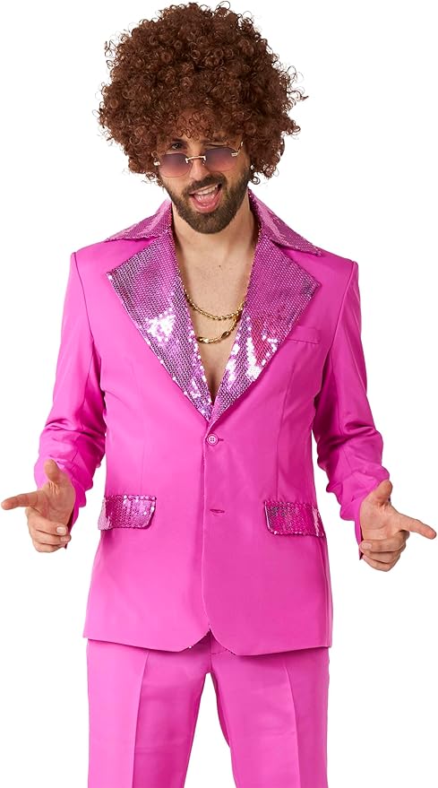 SUITMEISTER Men's Disco Costume Suit - Saturday Night Fever Outfit - Slim Fit - Including Blazer and Flare Pants - Pink