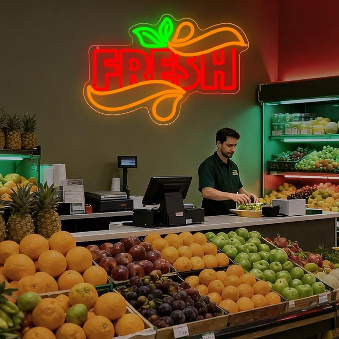 Fresh Neon Sign, Fresh Led Neon Light Signs for Wall Window Store Decor Fruit Store Business Light Up Sign for Fresh Produce Store Coffee Shop Light Bites Restaurant Dimmable USB Powered(16.9"*11.4")