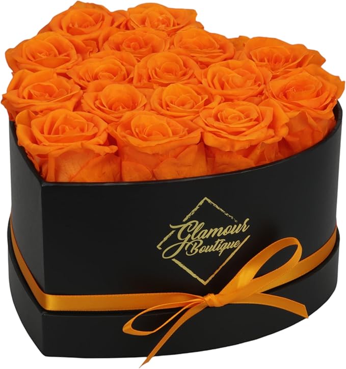GLAMOUR BOUTIQUE 16 Flower Forever Heart Shape Box, Eternal Preserved Roses Gift for Her, Lasting Flowers, Romantic Floral Keepsake for Birthday, Anniversary or Valentine’s Day, Orange (Color-Treated)