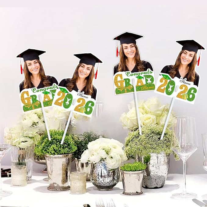 Personalized Graduation Face Fan 2026 Grade Custom Double Sided Face Cutout Fan with Handle Photo Booth Prop Party Supplies(B-Light Green and Gold,12pcs)