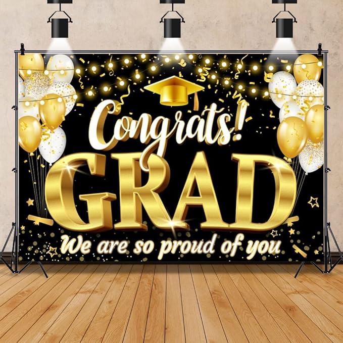 Black Gold Graduation Backdrop 2025 Grad Congrats Banner for Graduation Party Decoration Class of 2025 Commencement Decoration Prom Party Supplies Decorations Banner Photo Booth Props 10x8ft