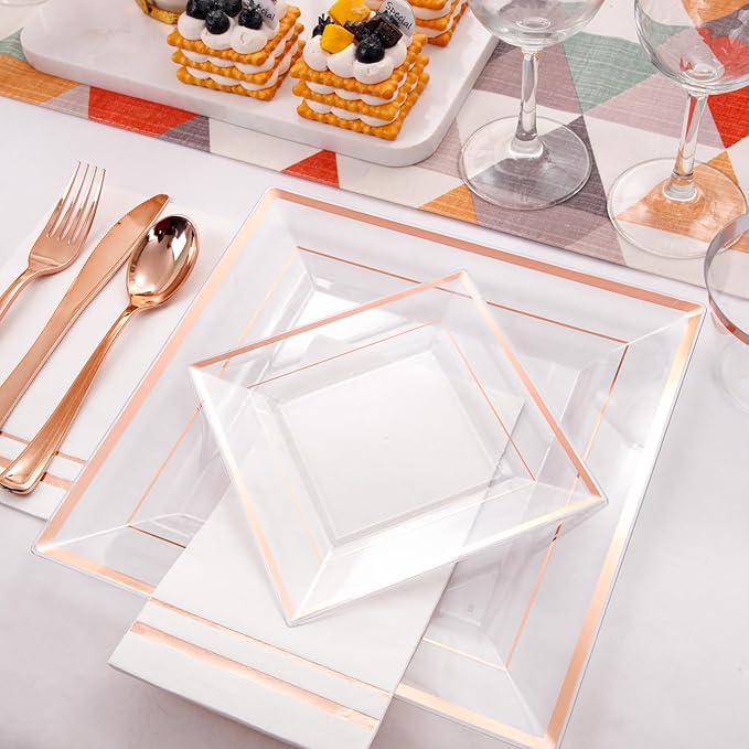 Festiva 350Pcs Rose Gold Plastic Plates - Clear Rose Gold Disposable Dinnerware Sets for 50Guests include 100 Plates 50 Cups 50Plastic Cutlery 50Napkins for Party&Wedding& Valentine's Day