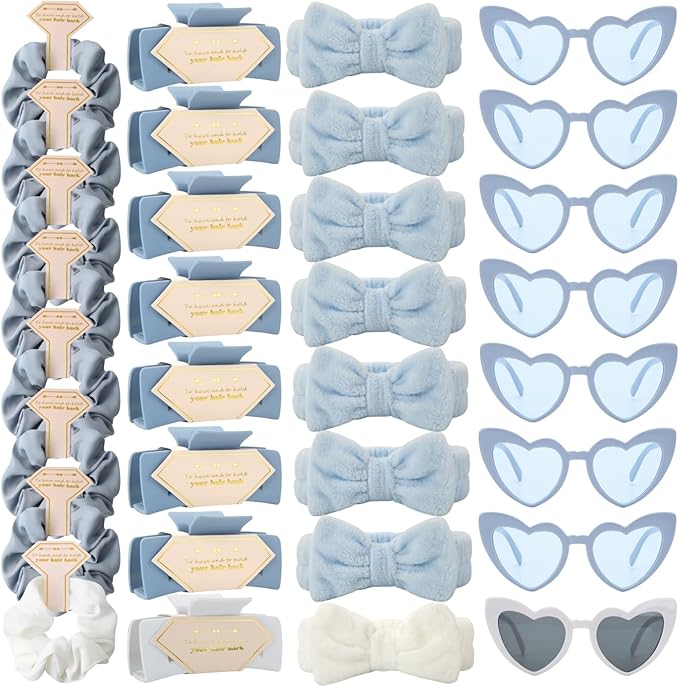 Bridesmaid Scrunchies Proposal Gifts square 4.1inch Bachelorette Hair Claws Clips Girls heart sunglasses headband gift for Wedding Party Favors (White&Dusty Blue)
