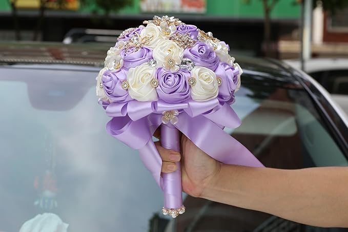 Handmade Wedding Bouquets for Bride Bridesmaid Brooch Artificial Holding Flower Tossing Bouquet(Light Purple/Ivory,22cm, 1PC)