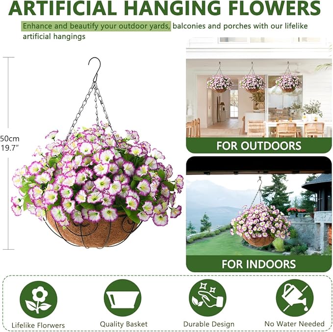 Homsunny Artificial Hanging Flowers in Basket,12 inch Silk Flower Coconut Lining Hanging Baskets,Fake Hanging Plants in for Outdoors Indoors Courtyard Decor(Light Purple)