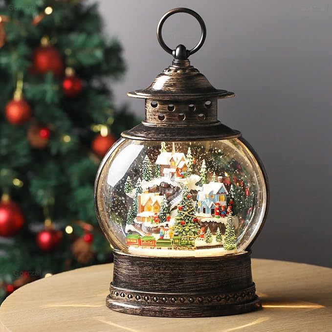 Village Snow Globe 12 Inch Christmas Snow Globe Lantern, Lighted Christmas Decorations Indoor with Music Timer Glitter, Navidad Musical Train Snowglobe Home Decor, USB or Battery Operated