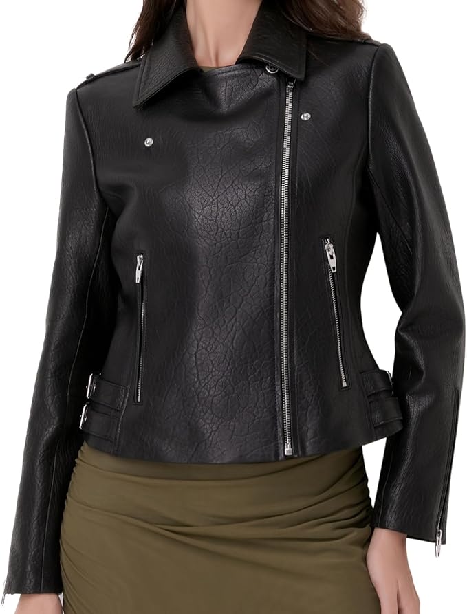 SILVER FASHIONS Lambskin Leather Jacket Women,Motorcycle Jacket,Asymmetrical Zip Style,Buckle Belts,Quilted Details
