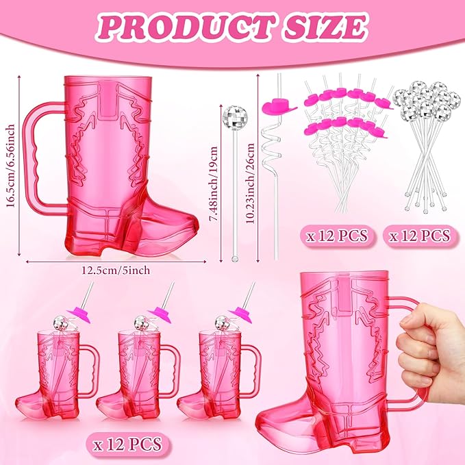 36 Pcs Cowboy Boot Glasses Bulk, 12 Cowboy Drink Mugs 12 Cowgirl Hat Straws 12 Mirror Disco Ball Stirrers for Western Theme Party Bachelorette Birthday Decorations(Rose Red)