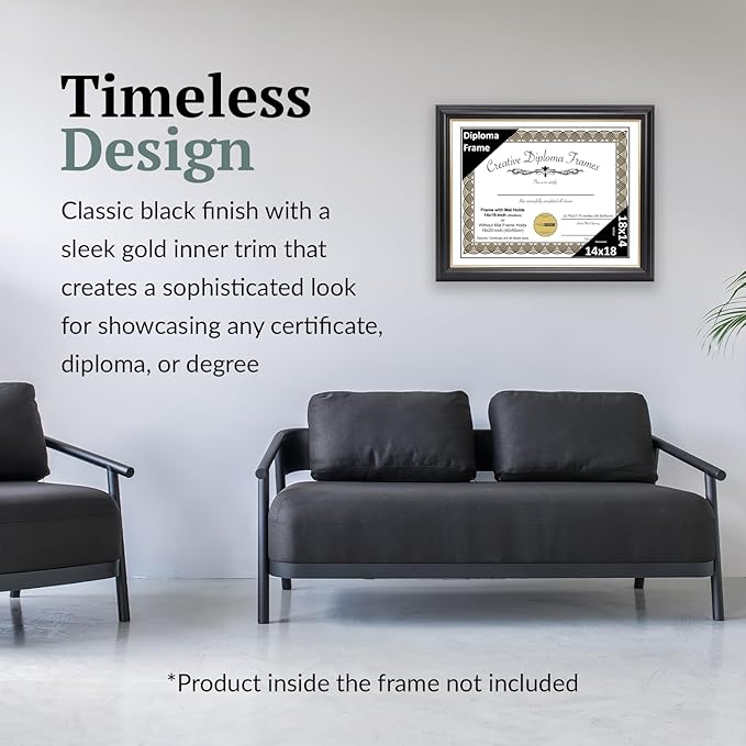 Creative Picture Frames 14" x 18" Rockefeller Black with Gold Rim Diploma Frame, Displays 14" x 18" Certificate or 16" x 20" Document without Mat, College Degree Frame, Full-Strength Glass, White Mat