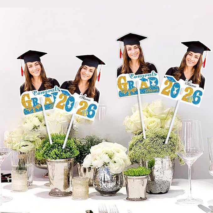 Personalized Graduation Face Fan 2026 Grade Custom Double Sided Face Cutout Fan with Handle Photo Booth Prop Party Supplies(B-Sky Blue and Gold,24pcs)