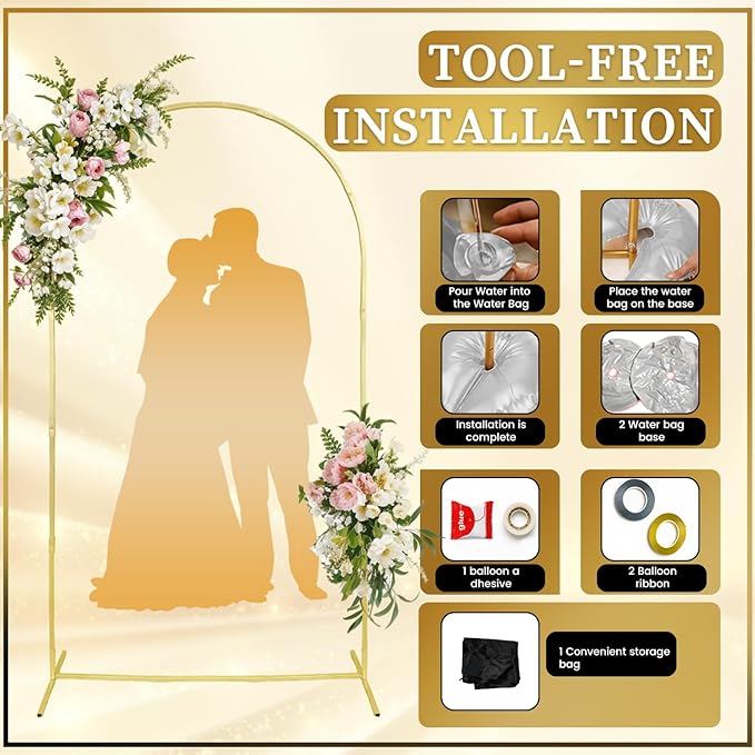 Arch Backdrop Stand – 7.2ft Metal Arch for Backdrop Set with Water Bag Base, Balloon Adhesive, Ribbon, Storage Bag – Strong Stable Gold Arched Frame for Wedding, Baby Shower, Birthday