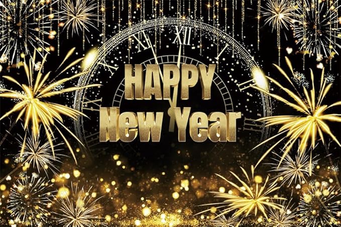 New Year Backdrop 12x8ft Happy 2026 Backdrop Black and Gold Firework Shining Gold Background 2026 New Year Eve Photo Backdrops for Photography NYE Party Photo Studio Props