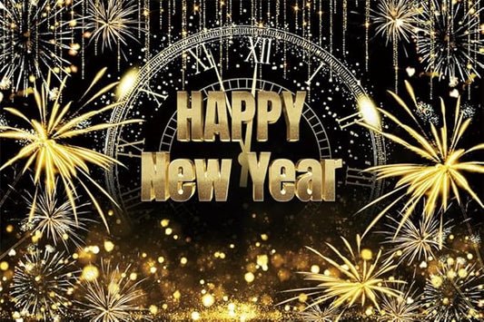 New Year Backdrop 12x8ft Happy 2026 Backdrop Black and Gold Firework Shining Gold Background 2026 New Year Eve Photo Backdrops for Photography NYE Party Photo Studio Props
