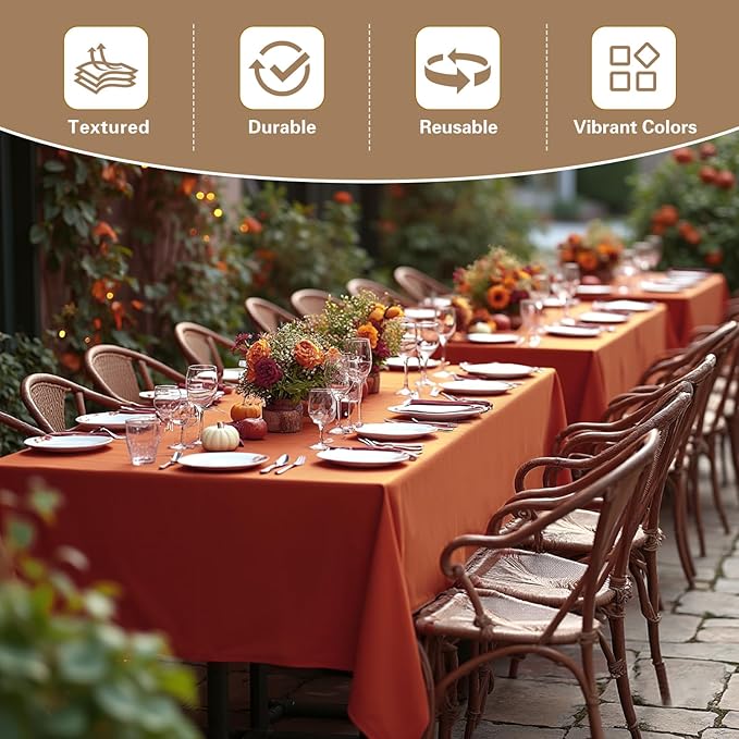 sancua Thanksgiving Tablecloths for 8 Foot Rectangle Tables, 8 Pack Burnt Orange - Washable Polyester Fabric Fall Table Cloth for Holiday Party, Birthday, Banquet Reception, 60x120 Inch Rust