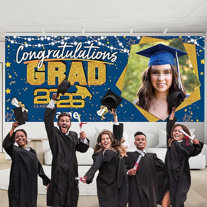Custom Garaduation Garage Door Banner Cover 16 x 7 ft Class of 2026 Congrats Grad Party Backdrop Personalized Graduation Decoration(Blue and Gold)