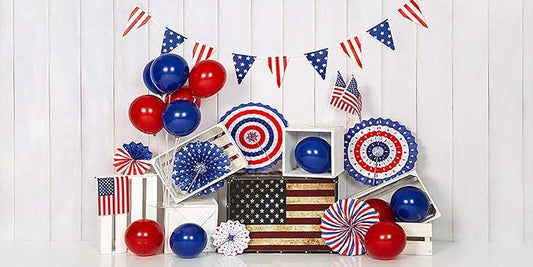 Kate 20x10ft American Flag Backdrops for Photography Independence Day Banner Background White Wood Wall Backgrounds Colorful Balloons Backdrop