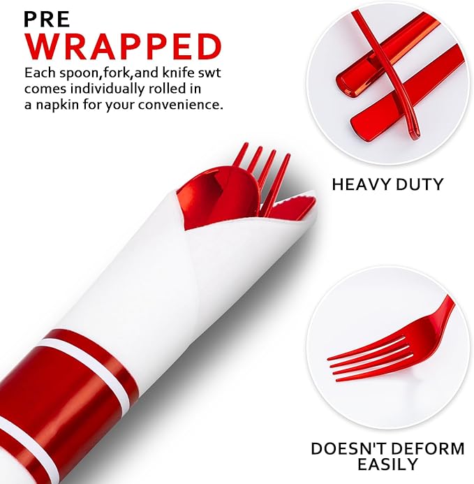 400PCS Pre Rolled Red Plastic Silverware Sets - Heavy Duty Red Cutlery - Include 100 Pack Wrapped Disposable Utensils with Napkins for Valentine's Day Parties & Dinners & Weddings