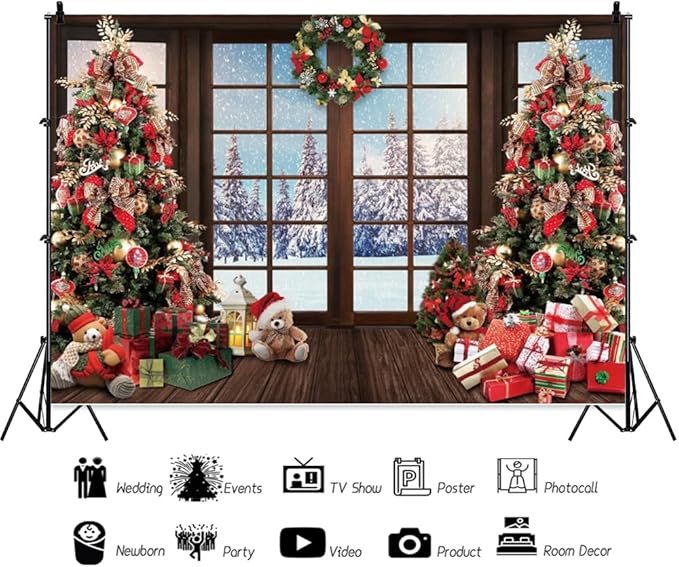 Leowefowa 10x6.5ft Christmas Backdrop Snow Scenery Nature Forest Christmas Tree Background Winter Vintage Window Merry Festival Family Decor Party Banner Photo Supplies Prop