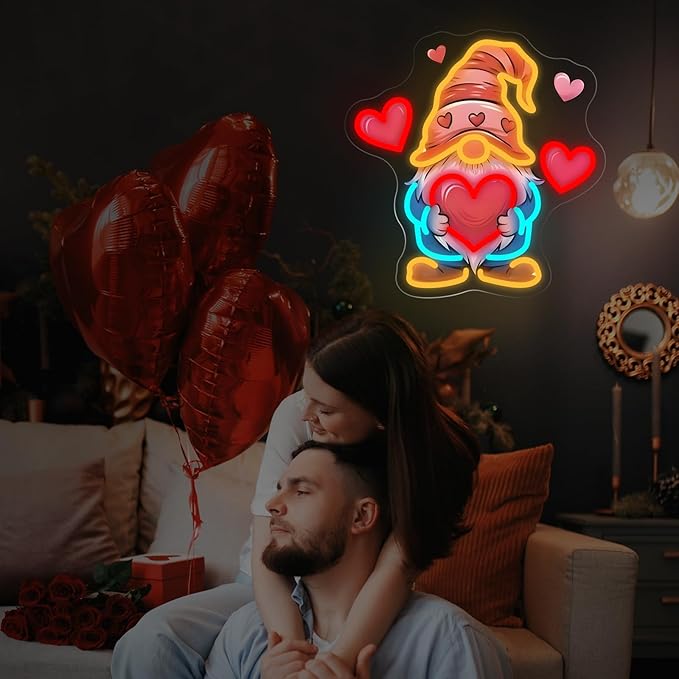 Gnome Heart Valentine Neon Sign - 5-Level Dimmable USB Valentine's Day Decor & Heart Neon Signs, Ideal for Wedding Decor, Romantic Nights, Party Supplies, Cute Wall Lights for Spaces