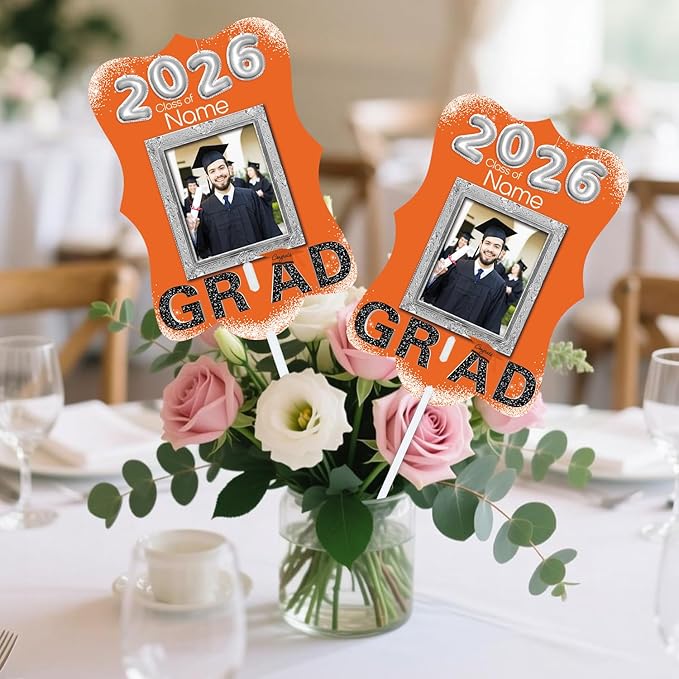 Personalized Graduation Double Sided Face Fan Class of 2026 Customized Graduation Head Face Cutout with Handle Fun Photo Prop Supplies(A-Orange and Black,12pcs)