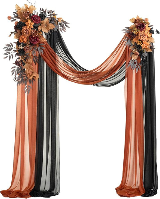 Ling's moment Black Orange Artificial Wedding Arch Flowers Kit Pack of 4, 2pcs Hanging Flower Arrangement 2pcs Chiffon Drapes Ceremony Reception Fake Rose Arbor Backdrop Floral Party Outdoor Decor