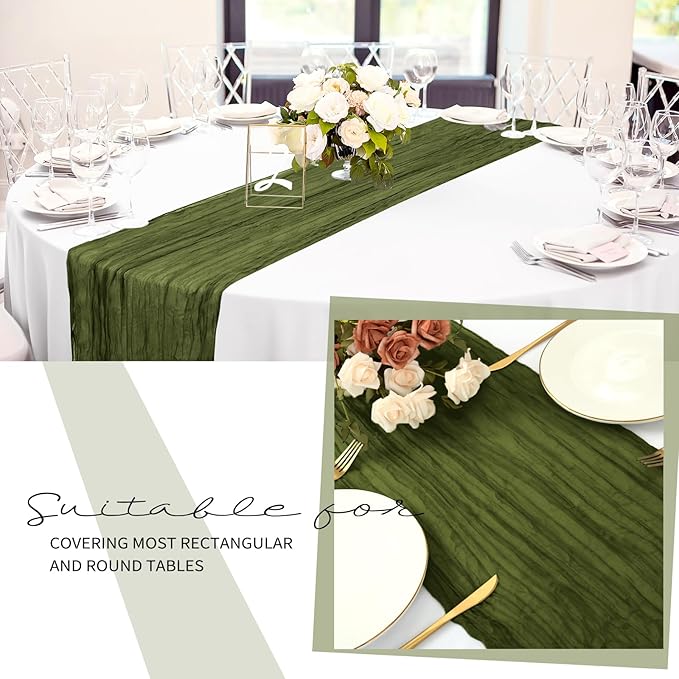12 Pack Cheesecloth Table Runner 20 x 120 inch Cheese Cloth Table Runner Bulk,Romantic Boho Sheer Gauze Fabric Table Runners for Wedding Reception,Party,Bridal Shower Table Decor(Olive Green)