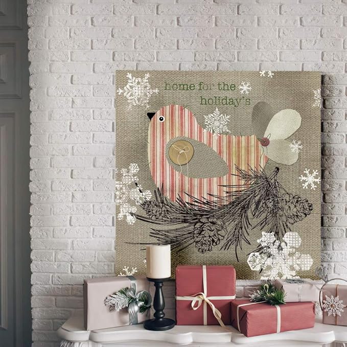 Renditions Gallery Home for the Holidays Bird Wall Art, Cute Christmas & Winter Decor, Pine Cones & Snowflakes, Premium Gallery Wrapped Canvas, Ready to Hang, 32 in H x 32 in W, Made in America