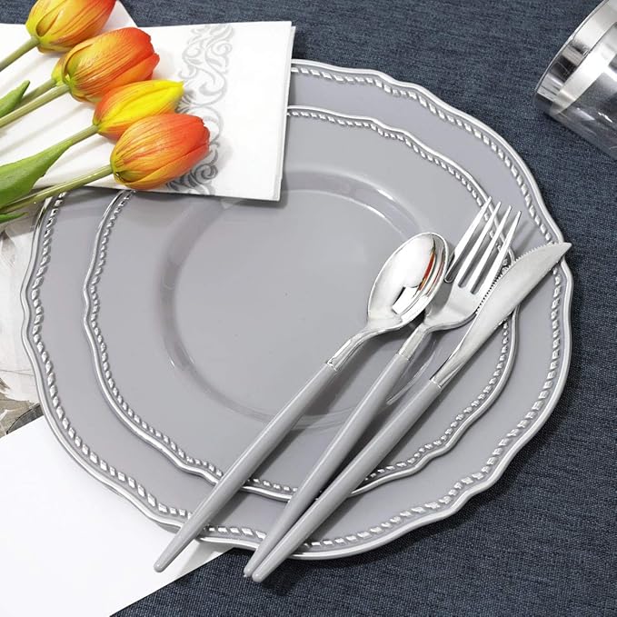 Hioasis 175pcs Grey Plastic Plates&Silver Disposable Silverware with Grey Handle&Clear Cups&Napkins Served for 25 Guests-Grey and Silver Dinnerware for Weddings&Parties,Holiday Events