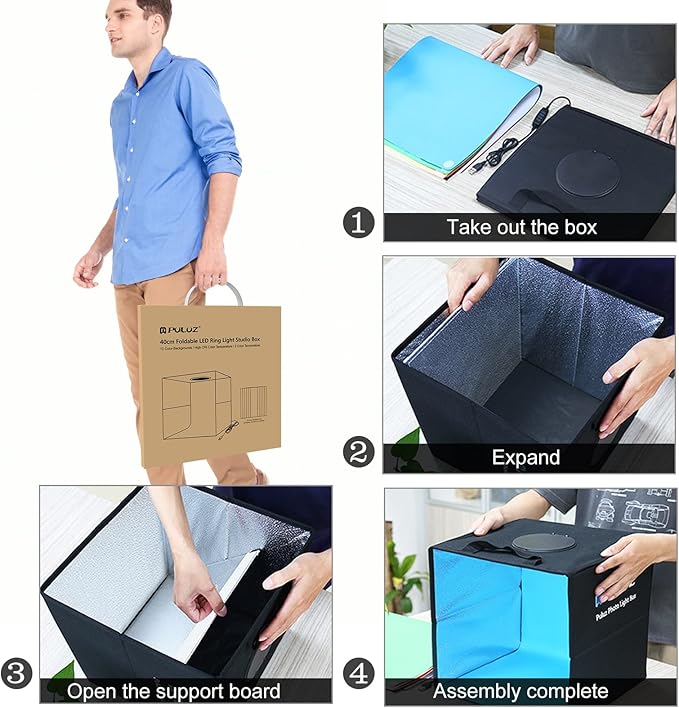 PULUZ Photo Light Box, 16" x 16" Professional Foldable Portable Studio Photography, Tri-Color Dimmable Light Shooting Tent Box with 12 Colors Backdrops & 144 LED Lights